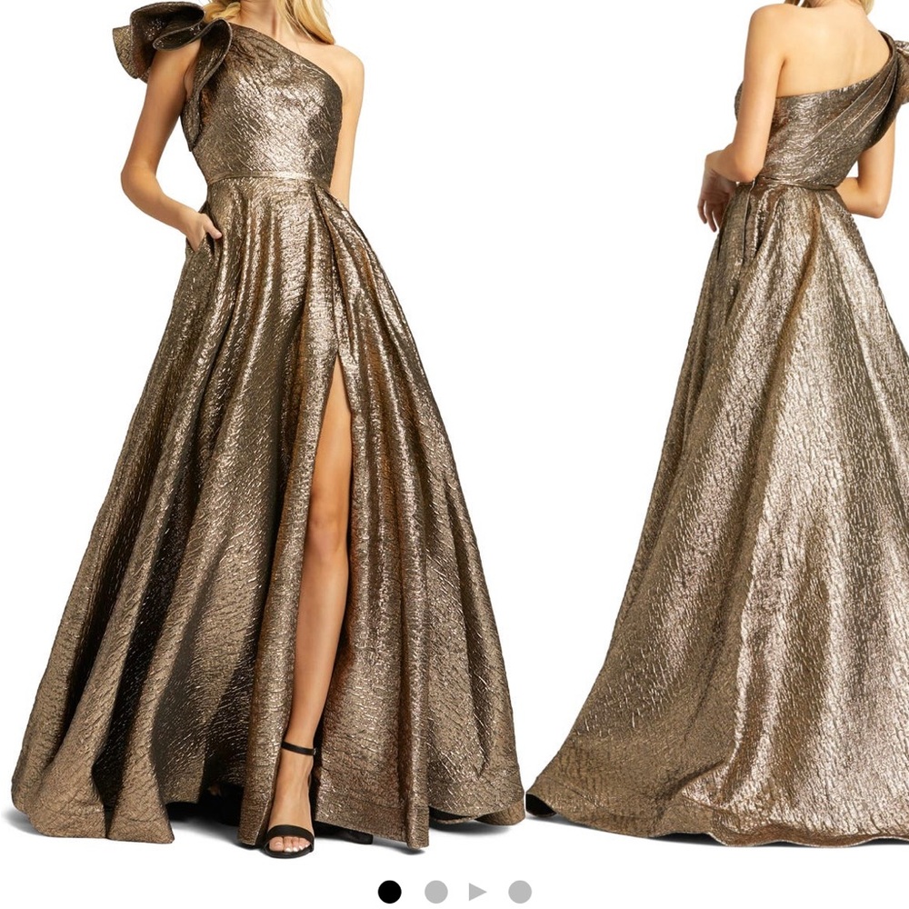 Mac Duggal Size 12 Bronze Crinkle Metallic One Shoulder Gown